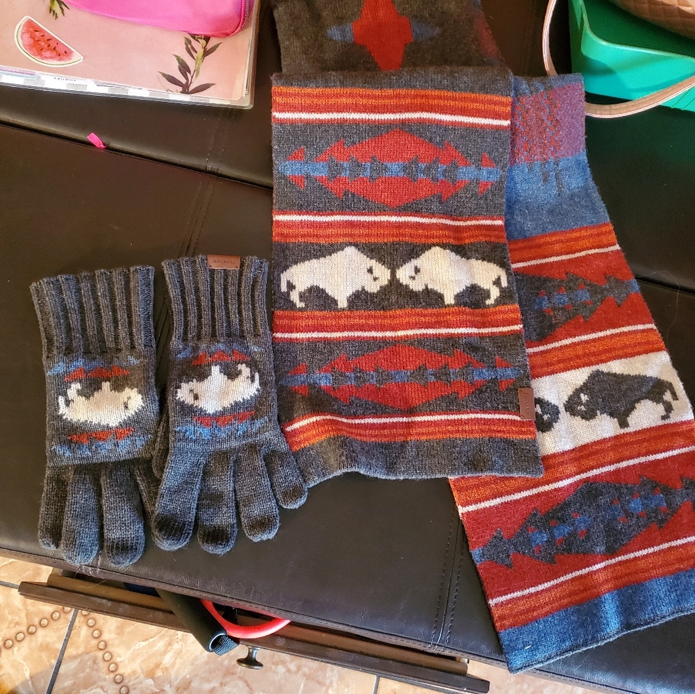 Pendelton scarf and large gloves